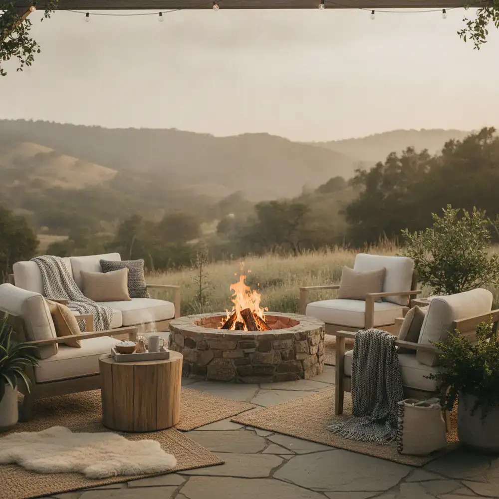 A comfortable outdoor seating arrangement with a campfire