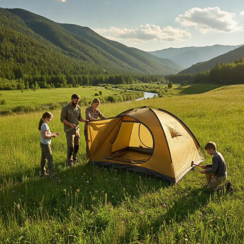 A serene campsite at dawn in the wilderness