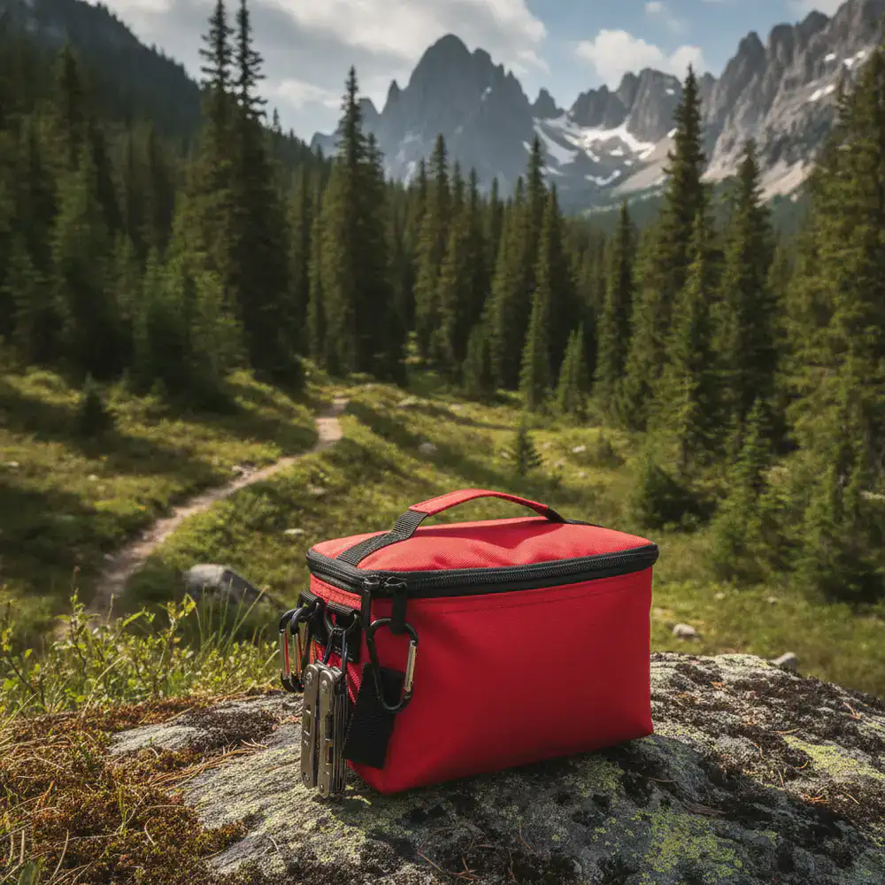 Compact red first aid kit for outdoor emergencies