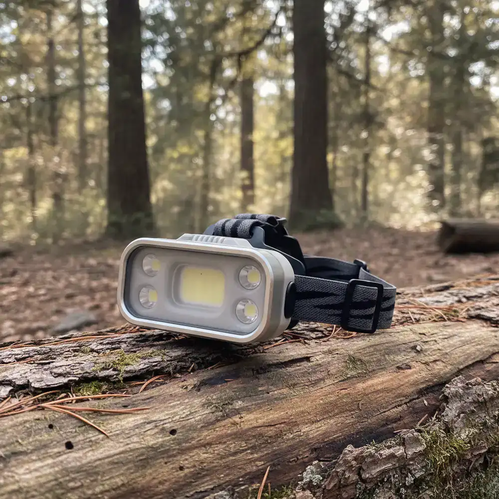 Bright LED headlamp resting on wood