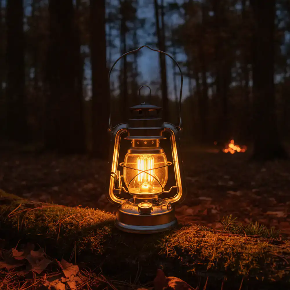 Classic LED camping lantern emitting warm light