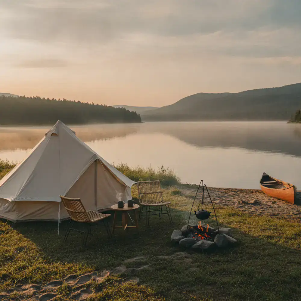 A serene camping setup near a lake at dawn