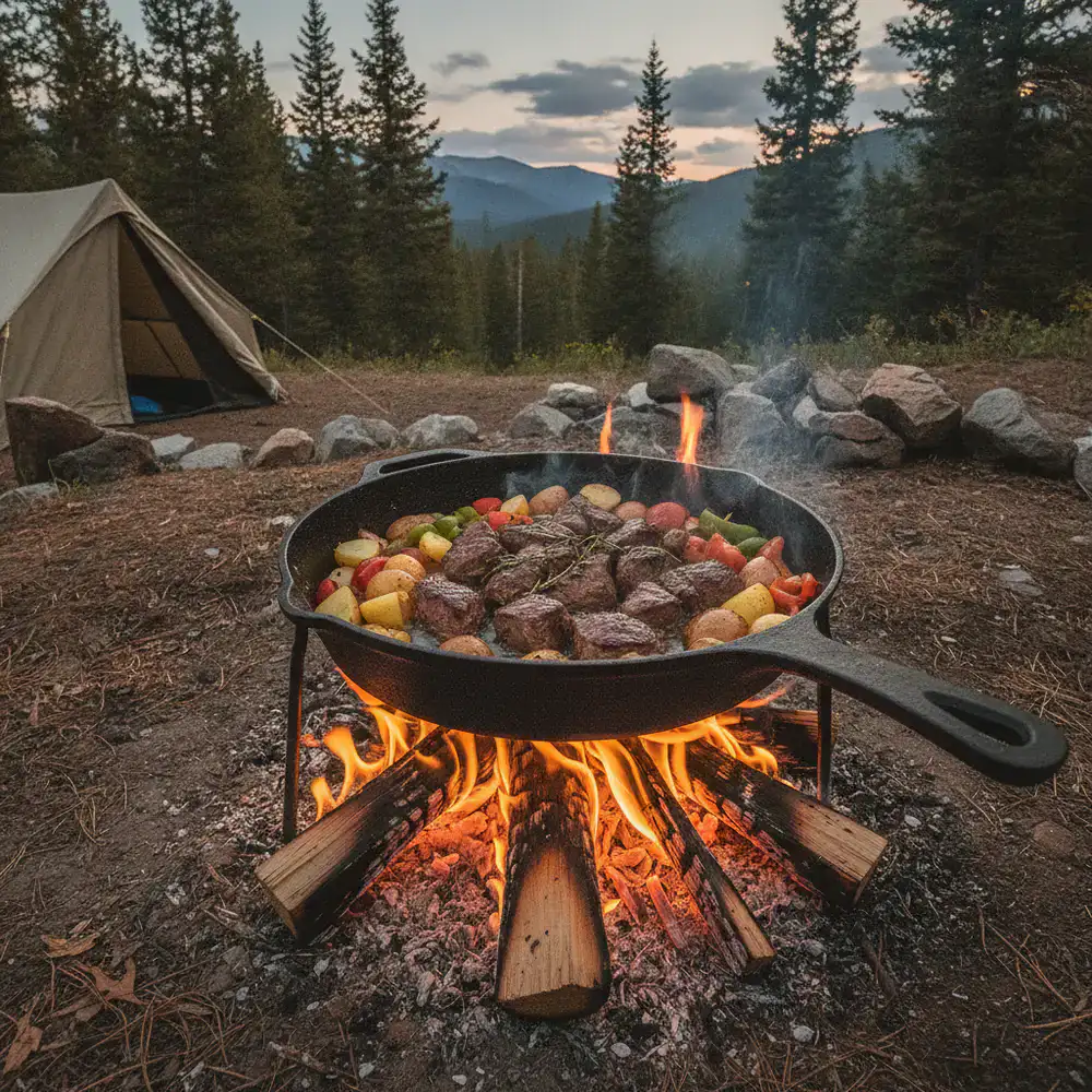 Cast iron skillet cooking food over an open campfire