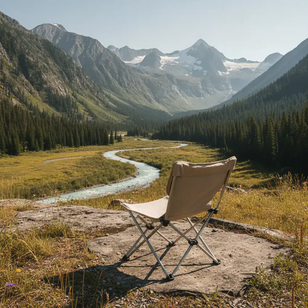 Folding camping chair facing a scenic mountain view