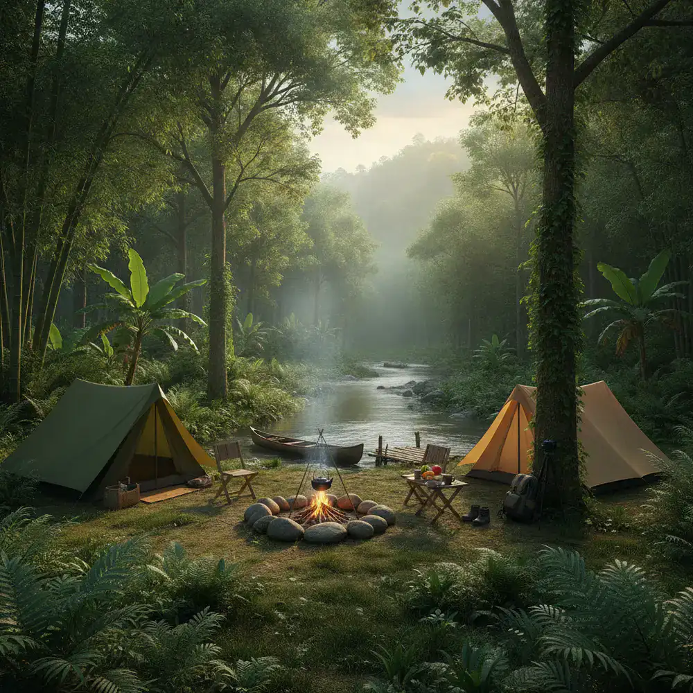 A beautiful morning campsite set up in the lush wilderness of Bangladesh