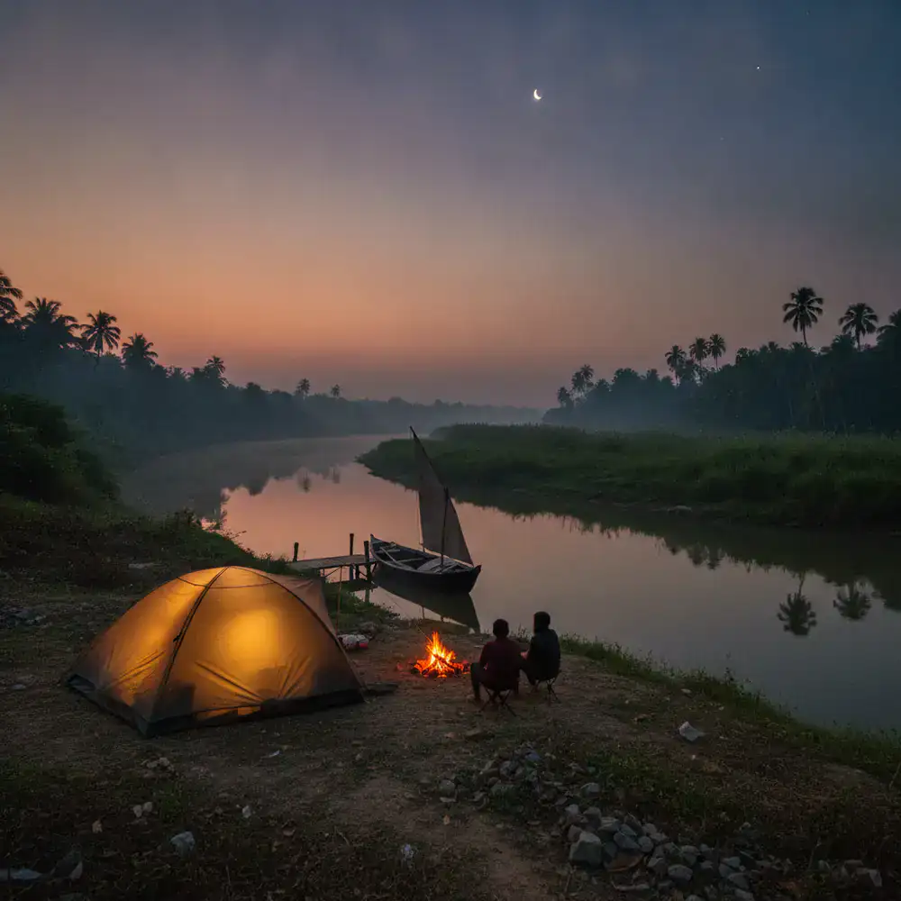 Serene camping landscape at dusk in Bangladesh