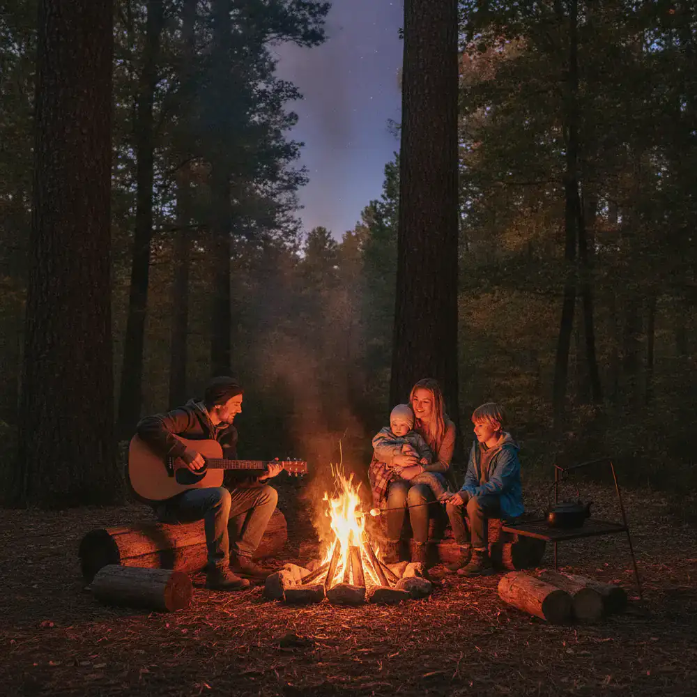 A family enjoying a quiet evening around a campfire in the woods