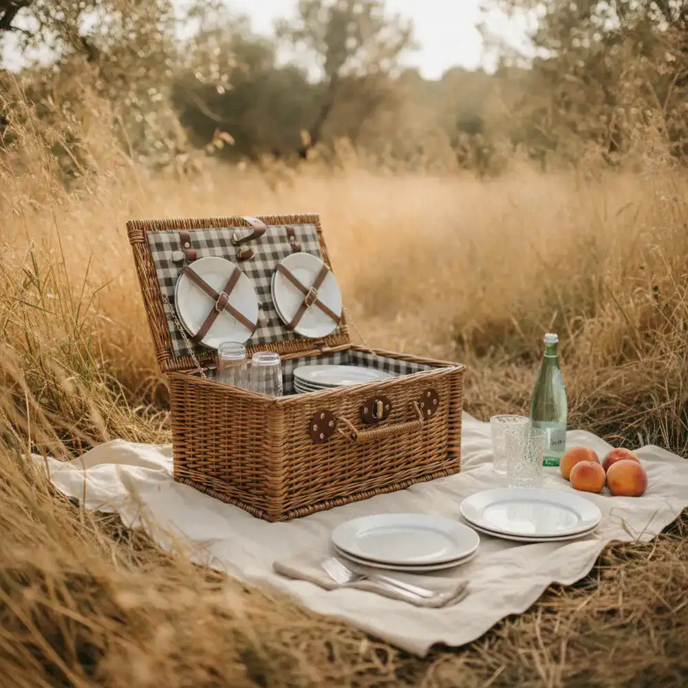Wicker picnic basket with plates and glasses
