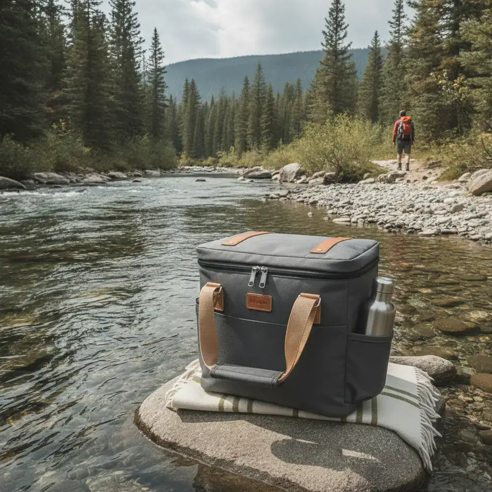 Modern insulated cooler bag next to a river