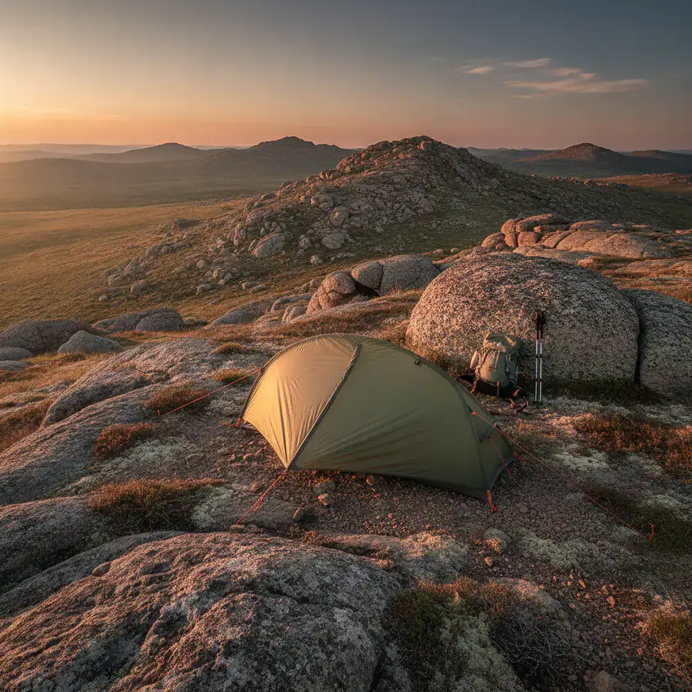 Compact ultra-light tent pitched on a rocky hill