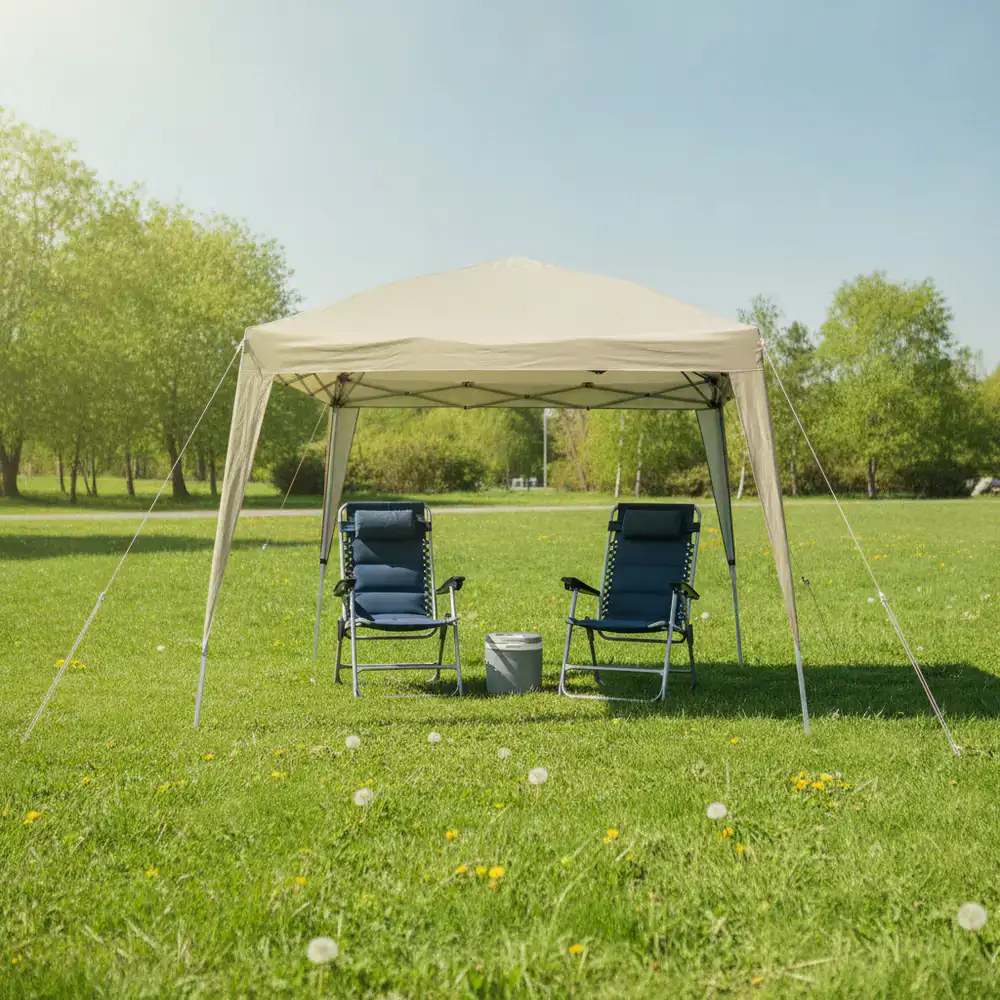Pop-up shade canopy with chairs underneath, sunny day